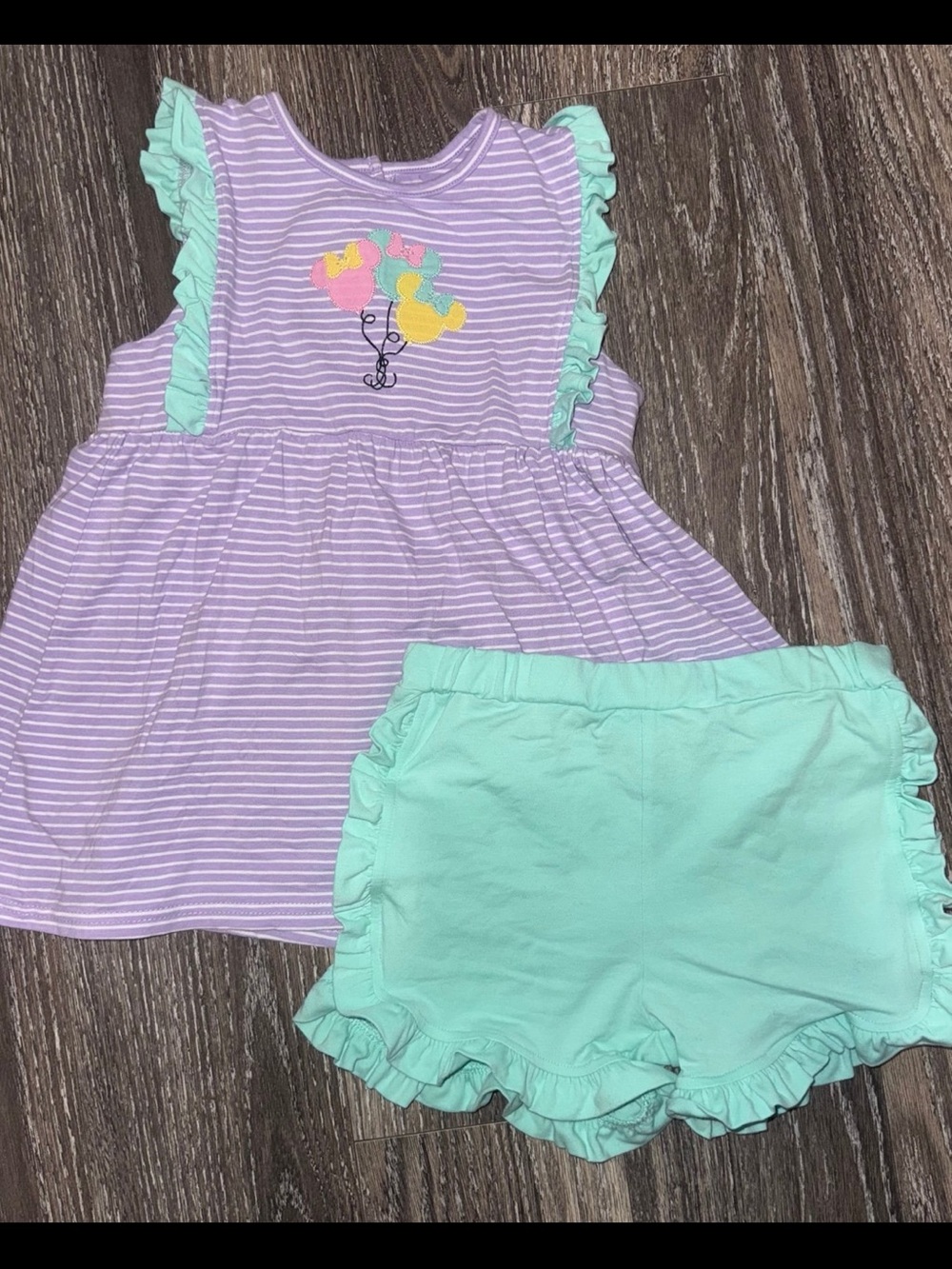 Striped Lavender Ruffle Tank & Mint Ruffle Shorts Set Disney embroidery